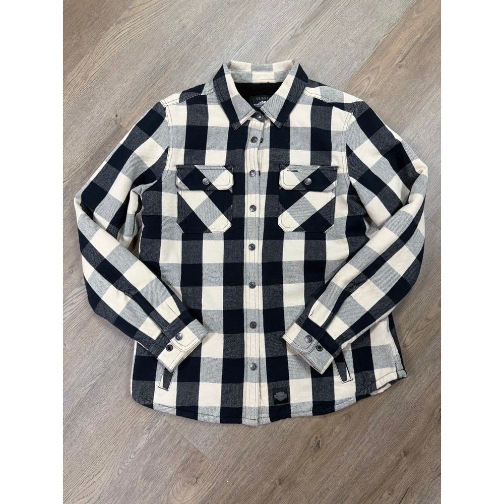 Harley-Davidson Womens Sherpa Lined Plaid Flannel Shirt Jacket Black Cream M